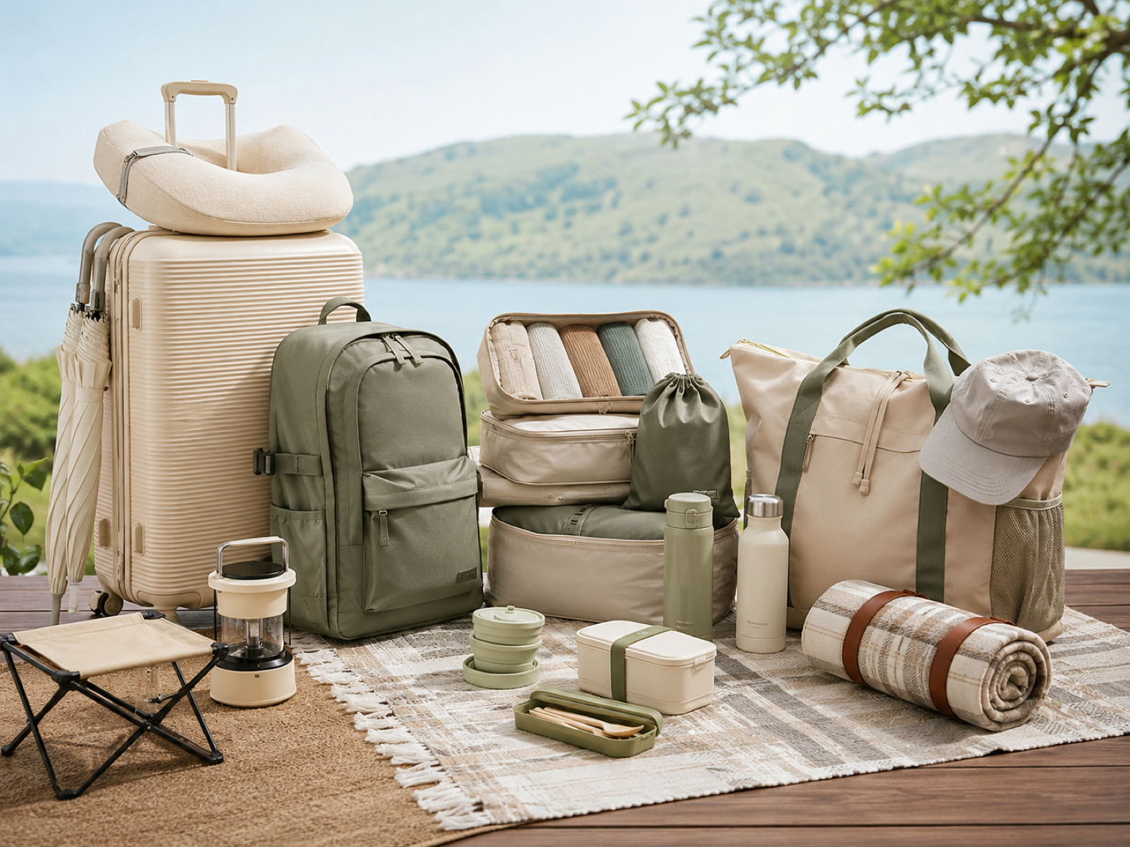 Outdoor travel and mobility accessories arranged in a practical sourcing scene